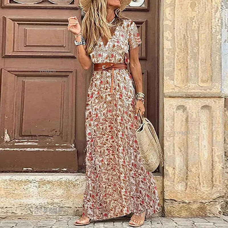 half sleeve boho maxi dress Boho Floral Print V-Neck Half Sleeve Maxi Dress Wine Red / XL