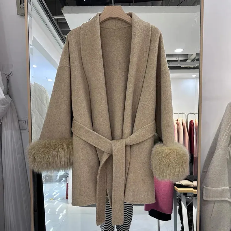 [LOW CLASSIC]/☆24FW FLUFFY WOOL WIDE COLLAR HALF COAT/BROWN Wool Coat,hooded Wool Coat, Womens Coat, Winter Coat