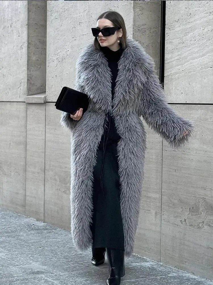 Womens Faux Fur Winter Overcoat Sleeveless Wide Waisted Warm Coat