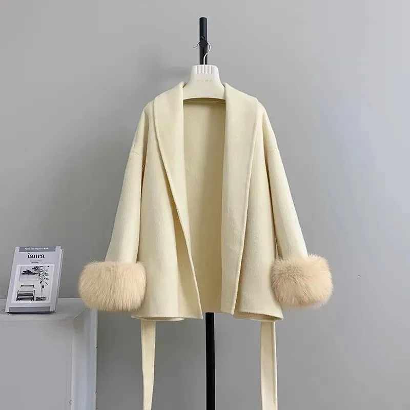 Korean Chic Double-Sided Woolen trench coat with Fox Fur