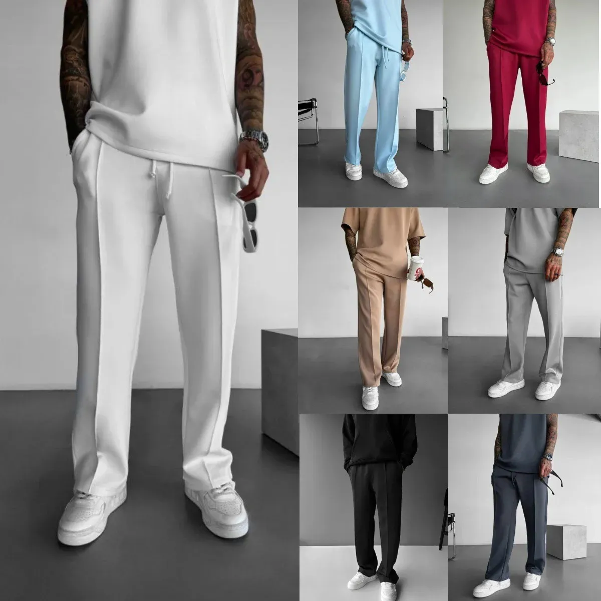 Men's Elastic Waist Drawstring Pleated Casual Pants - Solid Color ...