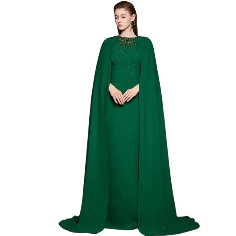Green Beaded Arabic Mother of the Bride Green Formal dress with Wrap - Elegant Formal Occasion Gown for Wedding Guests, Groom, and Mom - Satin Prom