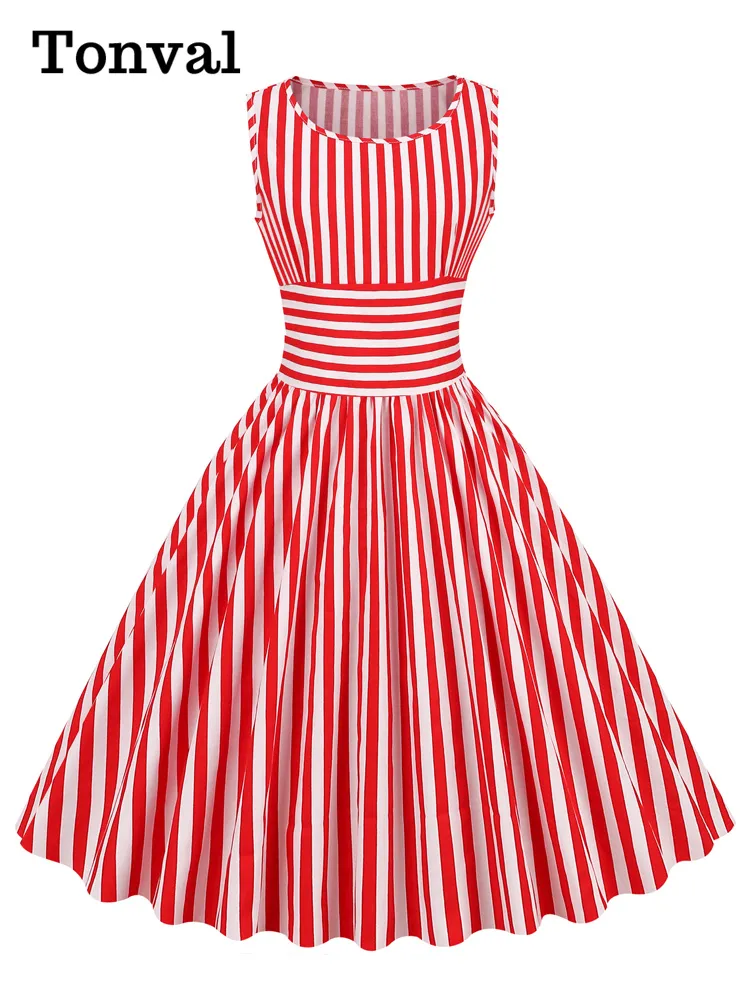 Tonval Vintage Red and White Striped High Waist Dress for Women