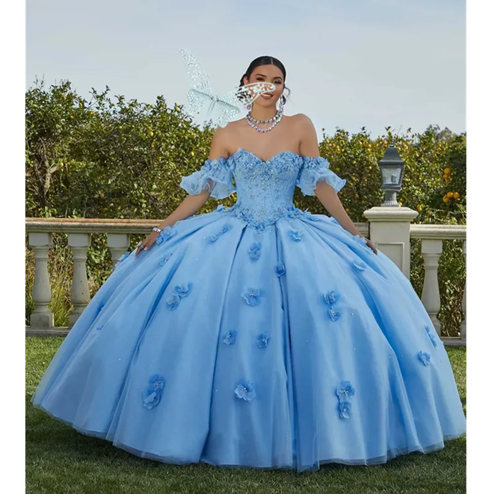 Sky Blue Sweetheart Quinceanera light Blue prom dress with Layers, Tires, and Ruffles - Perfect for Junior Girls' Second Reception and Engagement