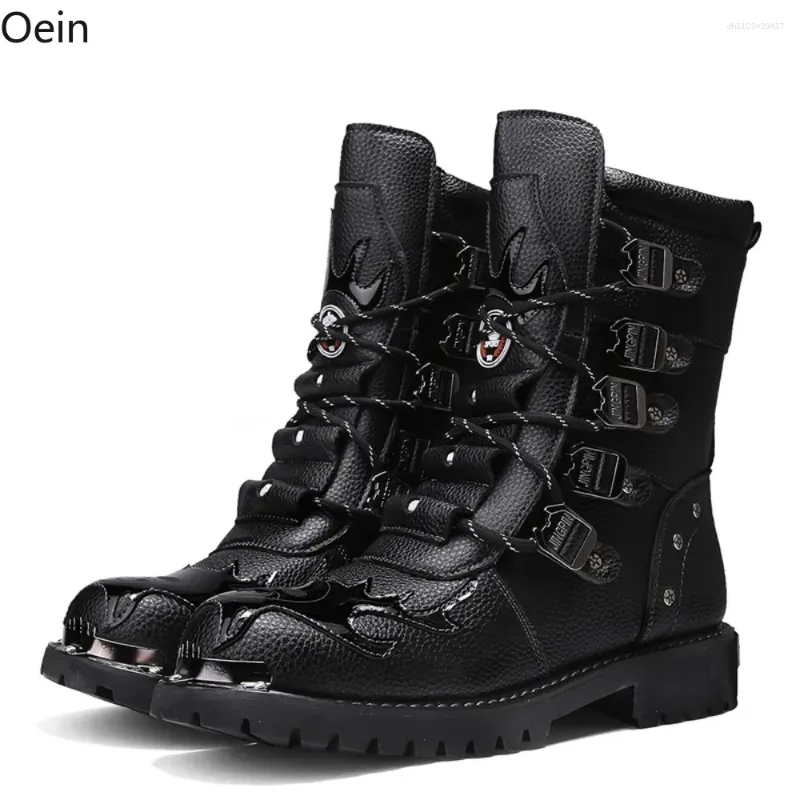 Unisex Leather Combat Boots Slip-On Ankle Boots Motorcycle Style Men main image 3