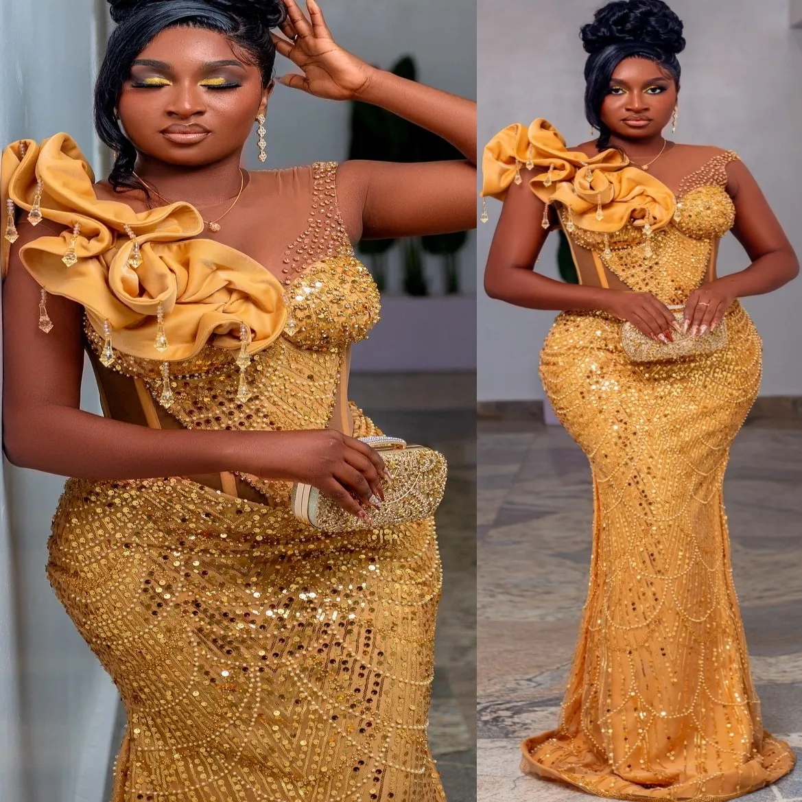 Luxurious Gold Mermaid Sequined Prom Dress Evening Dress cc5144