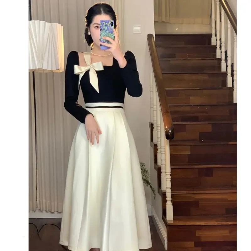 Korean Fashion Chic Square Collar bow Long Sleeve Vestidos Patchwork Prom A-Line bow dress - Elegant Hepburn Women's bow dress for Spring/Summer 2024