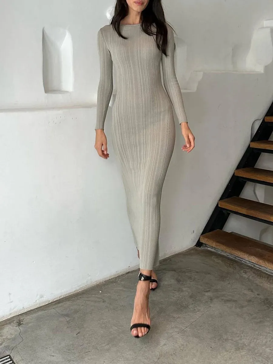 Slim Fit Bodycon Knit ribbed midi dress for Women - Solid Color, Long Sleeve, Crew Neck, ribbed Fabric - Perfect for Spring and Autumn - Style 241219