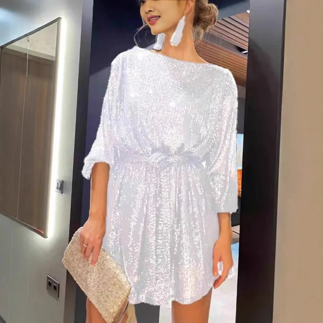 Glitter Sequin Dress with Belt for Women - Perfect for Evening Weddings, Bridesmaids, and Mini Short summer dresses with sleeves - Loose Fit (Style Glitter Sequin Dress with Belt for Women - Perfect for Evening Weddings, Bridesmaids, and Mini Short summer dresses with sleeves - Loose Fit (Style