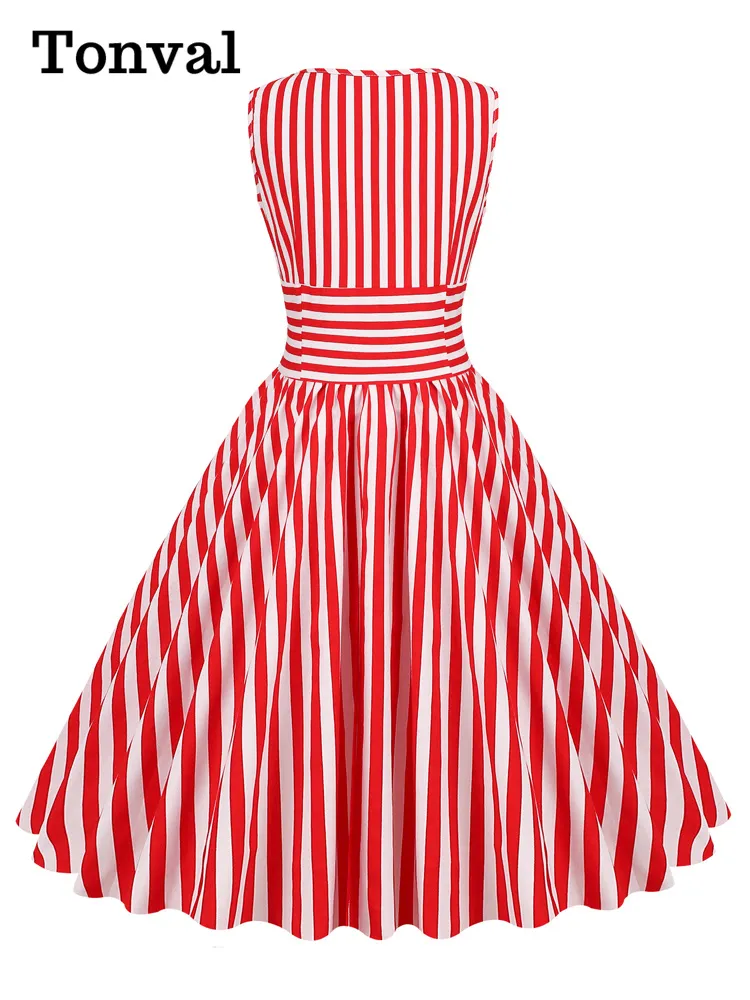Tonval Vintage Red and White Striped High Waist Dress for Women Tonval Vintage Red and White Striped High Waist Dress for Women