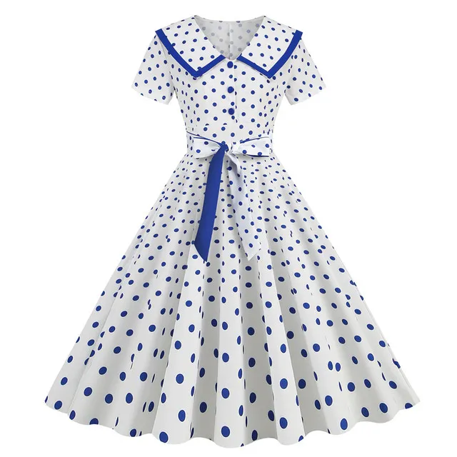 Vintage Rockabilly Polka dot dress - Short Sleeve, White/Blue, Polka Dots A-Line Swing, Elegant for Women's Summer Wear