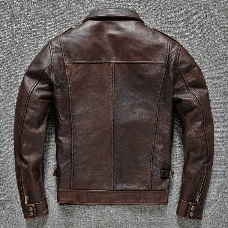 Heavy Industry M65 Mens Genuine Leather Jacket Retro Red Brown