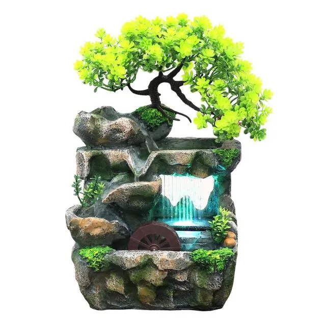 Indoor Tabletop Water Fountain, Desktop Waterfall Fountain Decor W/LED Lights, Rockery, Windmills, Artificial Plant, Perfect For Office