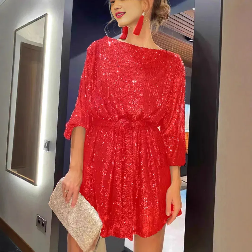 Glitter Sequin Dress with Belt for Women - Perfect for Evening Weddings, Bridesmaids, and Mini Short summer dresses with sleeves - Loose Fit (Style Glitter Sequin Dress with Belt for Women - Perfect for Evening Weddings, Bridesmaids, and Mini Short summer dresses with sleeves - Loose Fit (Style