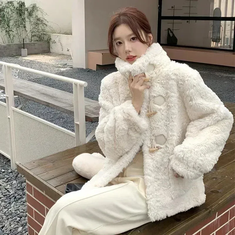 Save Big on Bulk Lamb Wool Coats Long White Faux Fur Jacket, Women's Faux  Lamb Wool Winter Coat Korean Style Stand Collar Plush Jacket With Horn