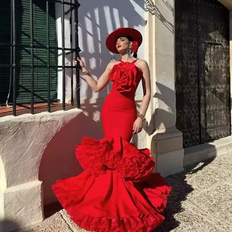 Red Tulle Satin Maxi Dress with Ruffle Detail - Elegant Spanish Women's Evening Pageant & Red prom mermaid Dress (2025 Collection) Red Tulle Satin Maxi Dress with Ruffle Detail - Elegant Spanish Women's Evening Pageant & Red prom mermaid Dress (2025 Collection)