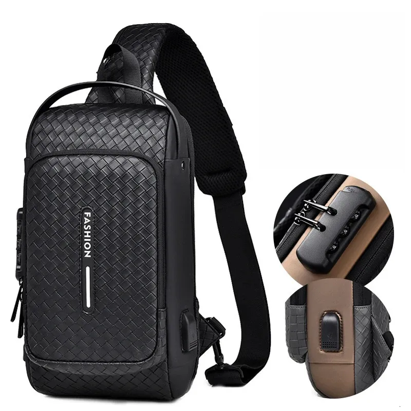 Men Fashion Chest Bag Mini PU Shoulder Bag with Zipper Closure and USB ...