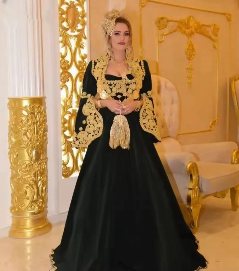 Black Kosovo Albanian Black and Gold caftan Evening Dress with Gold Applique - Traditional Prom Robe and Soiree de Mariage for 2022