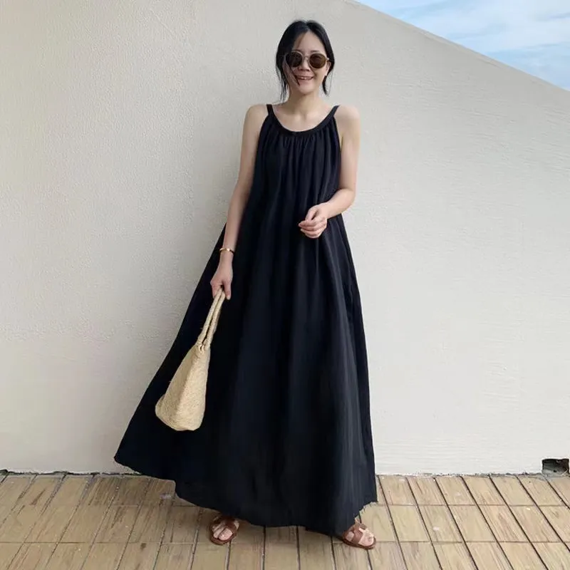 Stylish Women's Cotton Linen long Black Linen dress - Strappy, Oversized, Perfect for Summer Casual Wear Stylish Women's Cotton Linen long Black Linen dress - Strappy, Oversized, Perfect for Summer Casual Wear