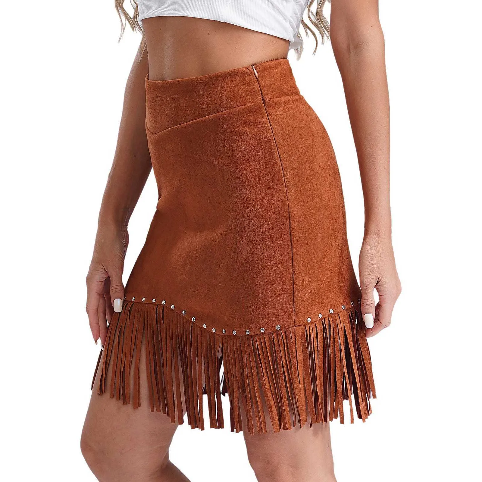 Gonna Con Frangia In Pelle Scamosciata Marrone Vintage Western