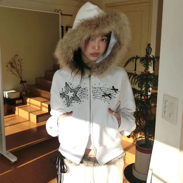 ジャケット・アウター 00s Purete Short-Length Zip P Coat Y2K Y2K Printed Hoodie Vintage Millennium Hot Girl Fur Hair Hooded
