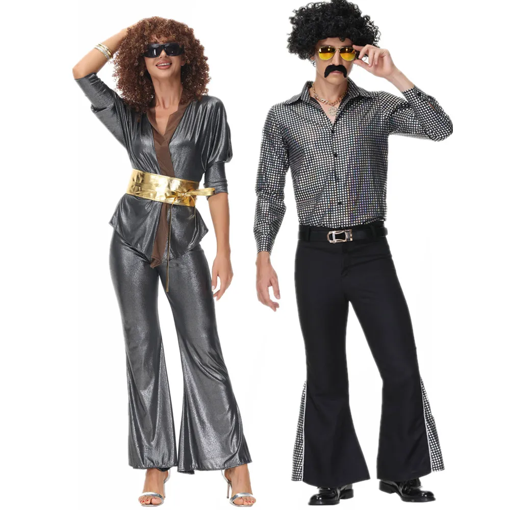 Retro 80s Disco Halloween Costumes for Couples: Gray Hippie Style
