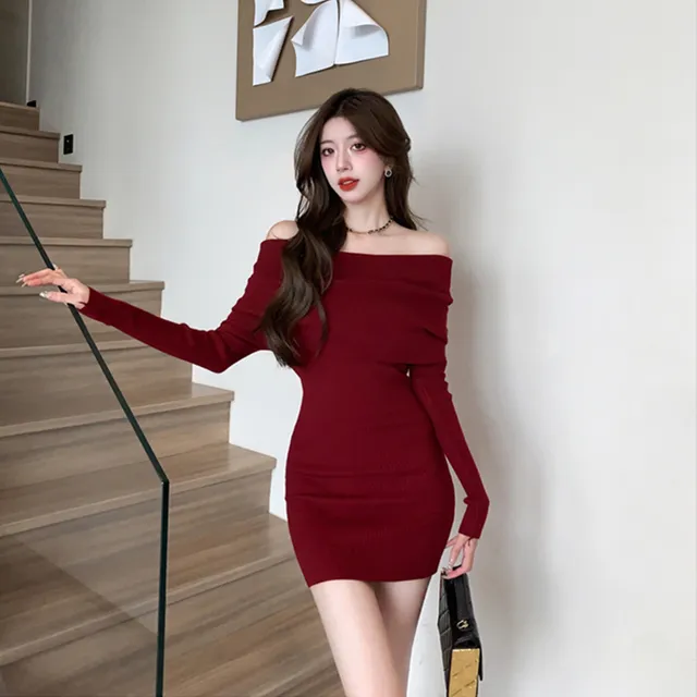 Vintage Korean Red Off-Shoulder Bodycon Dress with Slash Neck and Wrap Sweater with Skirt for Women - Elegant and Sexy Winter Vestidos