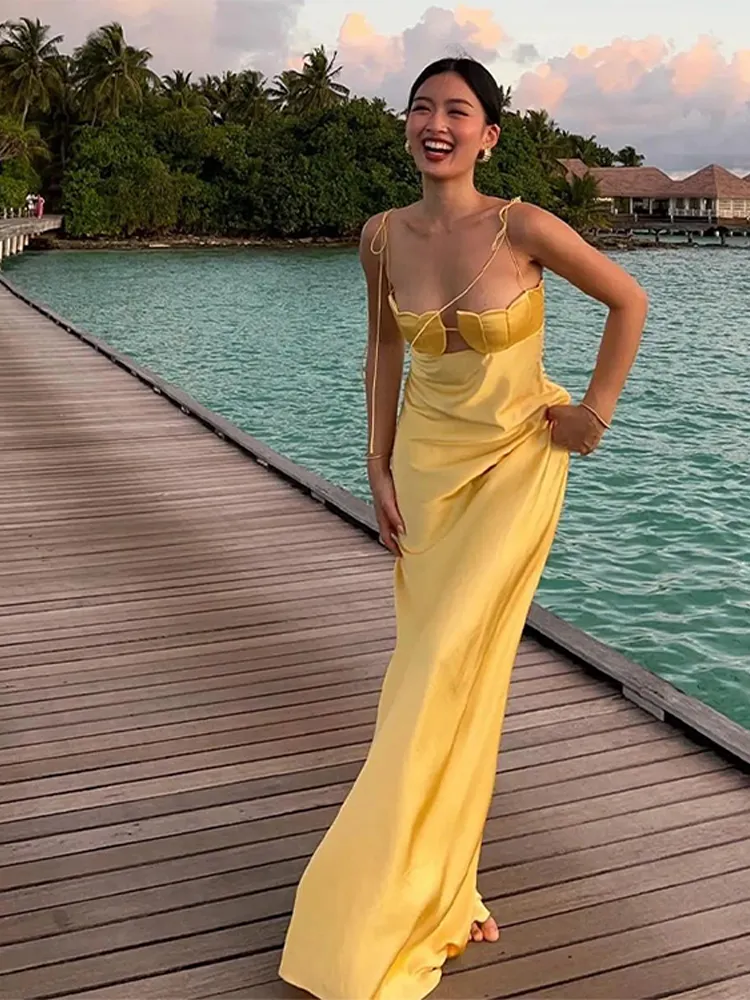 sachin and babi light blue dress Yellow Front Tie Cut Out Backless Knitted Maxi Dress – IRHAZ main image 0
