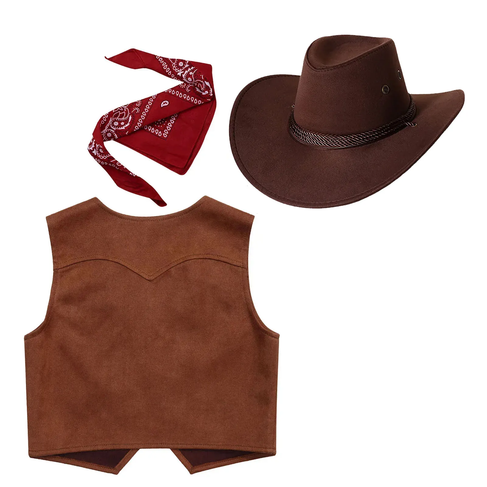 Faux Suede Fringe Vest Cowgirl Hat Bandana Western Costume Set Western Cowgirl Outfit Set - Fringe Vest, Adjustable Cowboy  main image 3