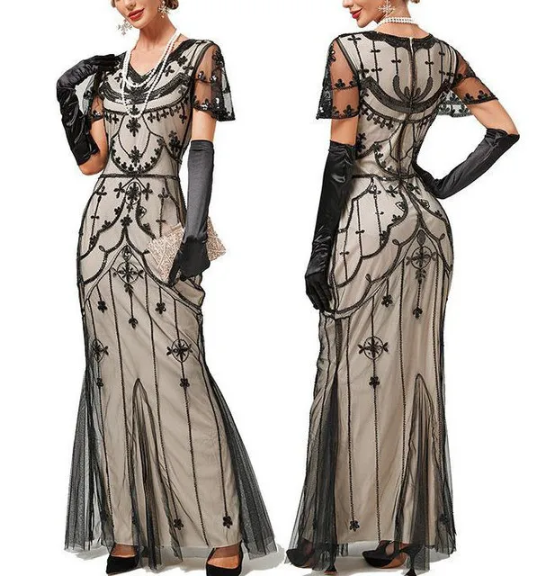 knee length dresses for ladies Zapaka Women Black 1920s Flapper Dress V Neck Long Sleeves Vintage Dress with Fringes, Dark Green / S main image 0