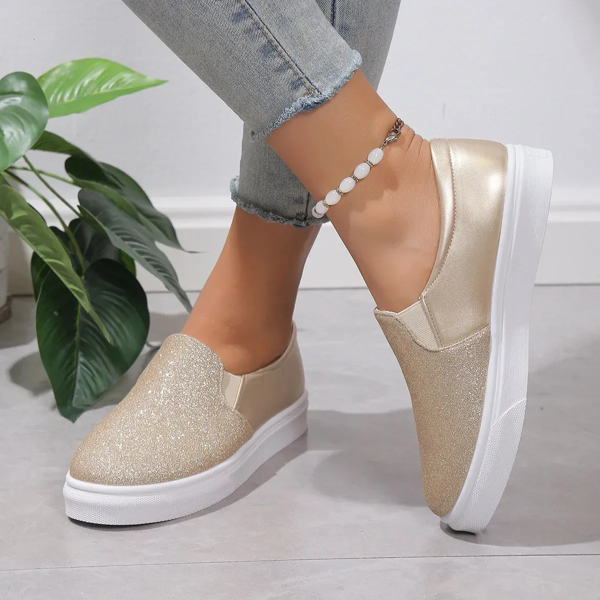 Save Big on Bulk Gold Sequin Shoes Flats Gold Sequin Dress Shoes: Women's  Shiny Gold Sequins Loafers, PU Leather Slip On Platform Sneakers, Autumn  Non