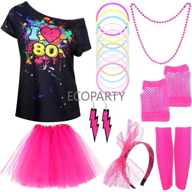 Women's Neon Tutu Skirt, Leg Warmers, Fishnet Gloves & Necklace Beads - Redstar Fancy Dress - View #6