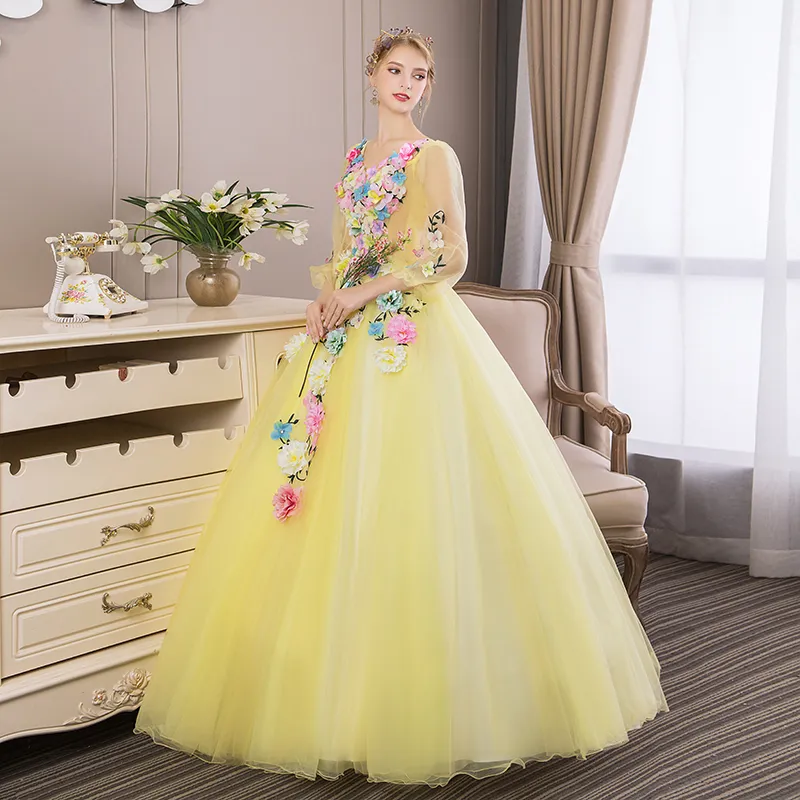 Victorian Renaissance Yellow prom dress: Light Yellow Flower Garden Sissi Princess Gown with Marie Ball - 100% Real Victorian Renaissance Yellow prom dress: Light Yellow Flower Garden Sissi Princess Gown with Marie Ball - 100% Real