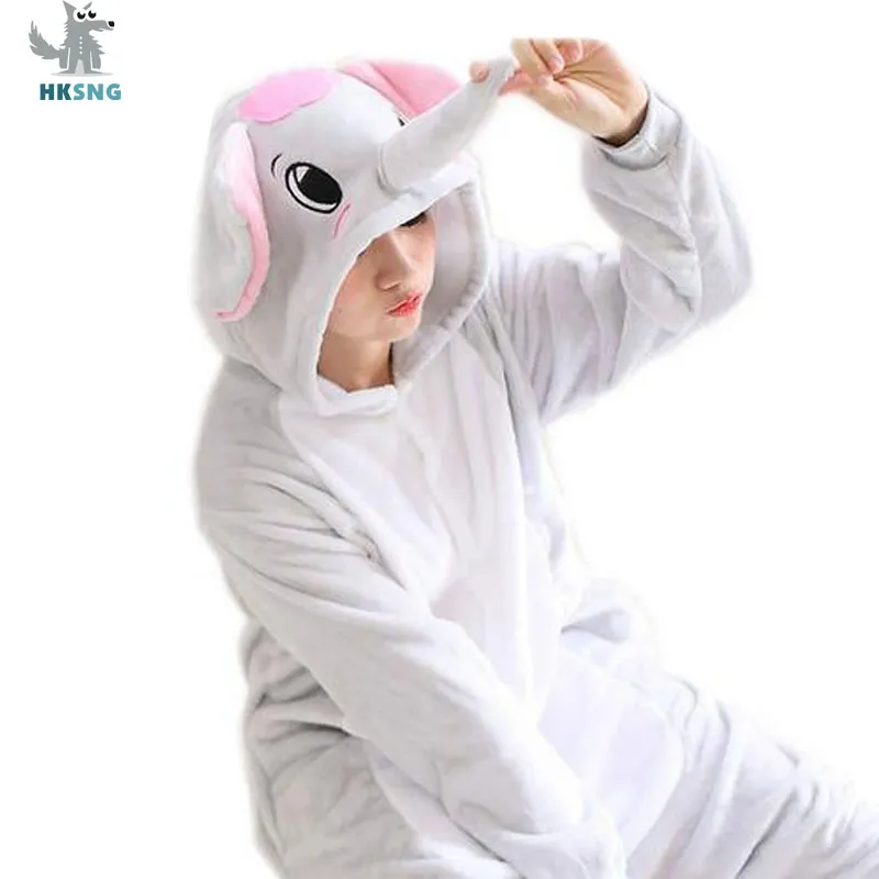 Grey Blue Elephant Flannel Onesie Pajamas Family Kigurumi
