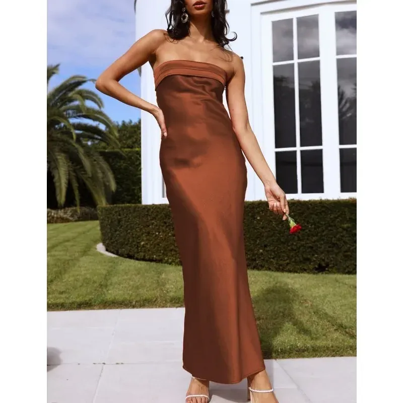 Elegant Satin Halter Tube Top Strapless Satin Maxi Dress with Hollow and Strapless Style for Weddings and Guests