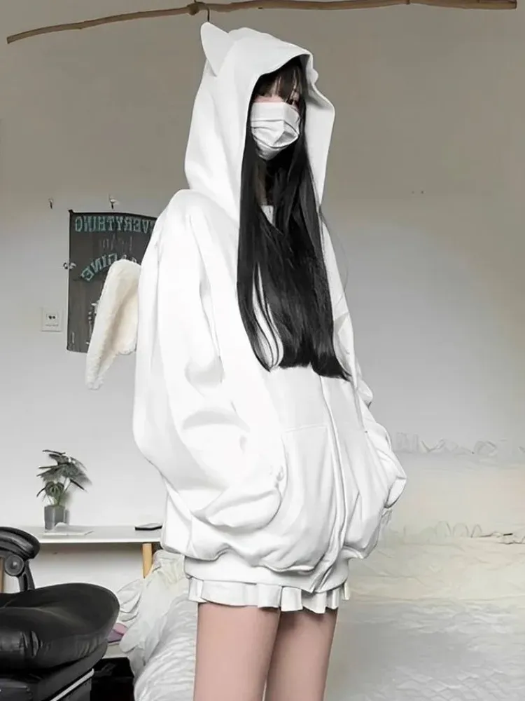 QWEEK Japanese Harajuku Kawaii Zip Up White Hoodie From