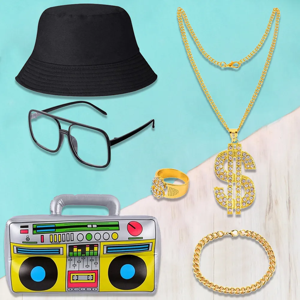 Kit De Disfraz De Hip Hop 80s/90s – Gorra, Gafas Doradas, Collar, Anillo Y Pulsera Con Signo De Dólar – Accesorios Para Rapero Y Fiestas Temáticas