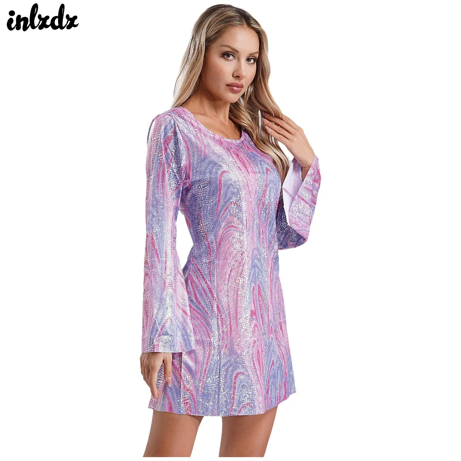 Hippie Flare long sleeve sequin dress for Women - Shiny sequin 70s Disco Party long sleeve sequin dress with long Sleeves and Tie-Dye - Perfect for