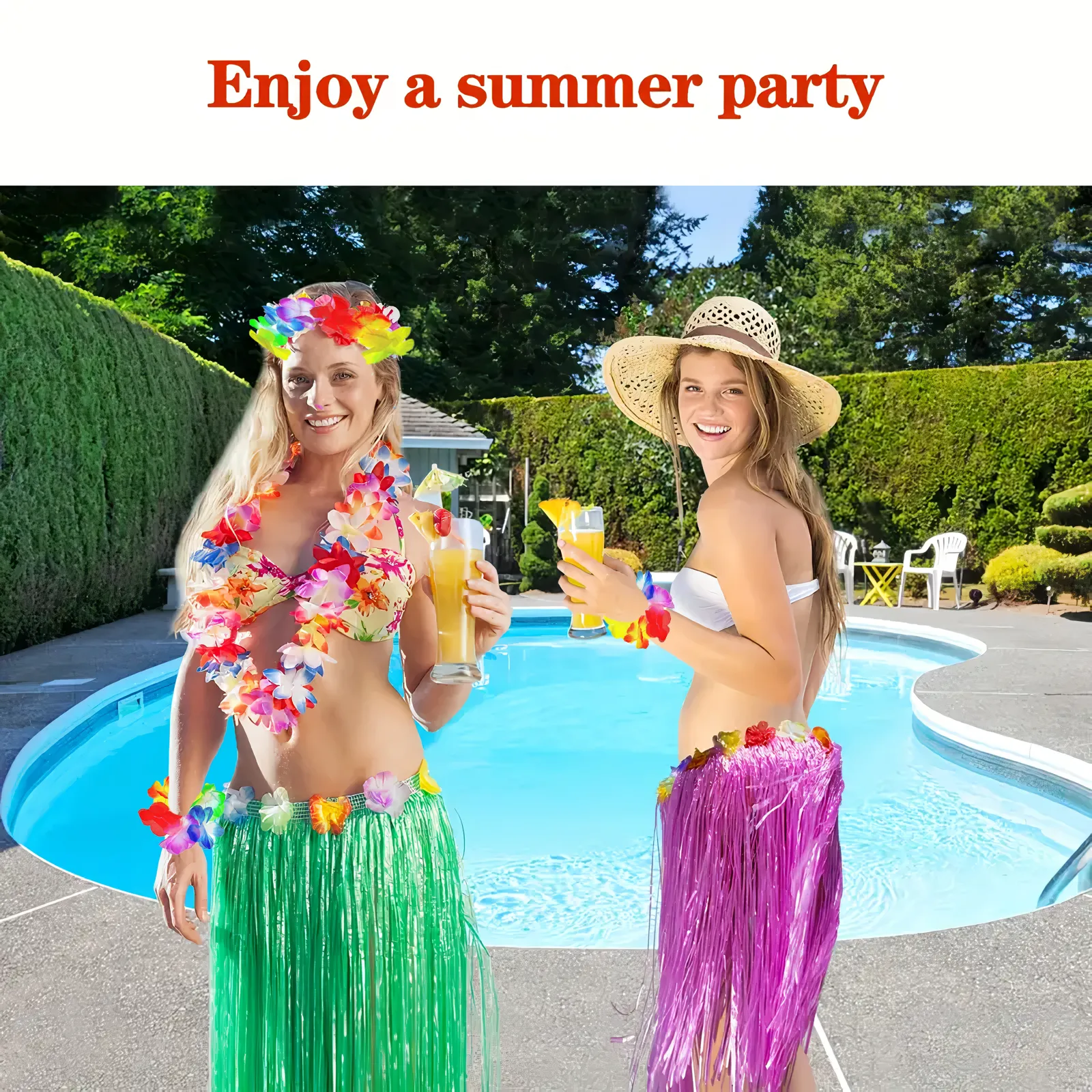Set De Disfraz Hawaiano – Falda De Hierba De 40 Cm, Collar, Pulseras Y Diadema De Flores, Accesorios Para Fiesta Temática Hawaiana, Playa, Despedida De Soltera Y Cumpleaños, Cintura Ajustable Hasta 120 Cm