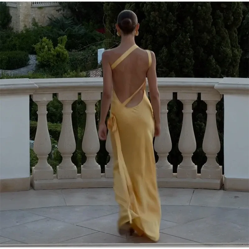 Yellow Satin Lace-Up Off-Shoulder Backless Backless maxi dress for Women - Elegant Strapless Long Gown for Parties and Clubs, Perfect for Summer