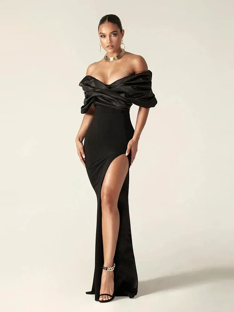 off the shoulder high slit maxi dress in black Off Shoulder Ruffle High Slit Maxi Dress AnotherChill