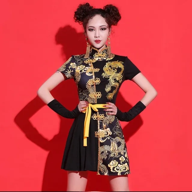 Chinese Style Mandarin Collar 2-Piece Women's Tang Suit - Sexy Festival Outfit with Asian Black and gold cheongsam Stage Style (11811) Chinese Style Mandarin Collar 2-Piece Women's Tang Suit - Sexy Festival Outfit with Asian Black and gold cheongsam Stage Style (11811)