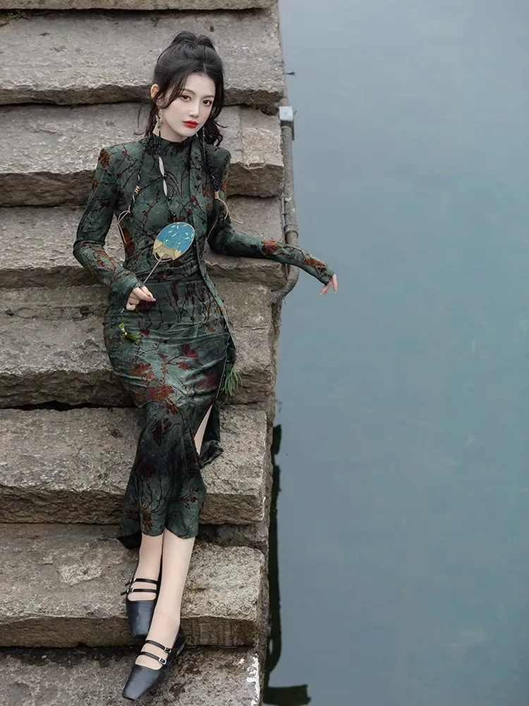 Long Sleeve Qipao Dress Slim Fit Polyester Floral Bodycon Midi with High  Slit for Women Spring from Dhgate Basic & Casual Dresses - price 28.71