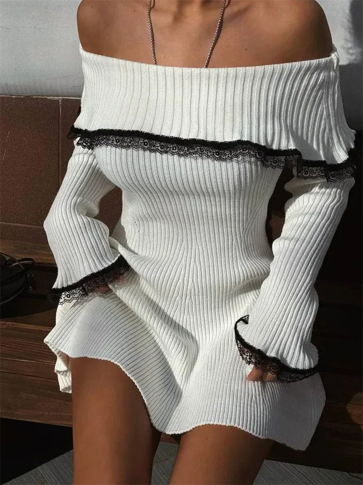 open lace back dress Moscow Off Shoulder Sweater Mini Dress Black