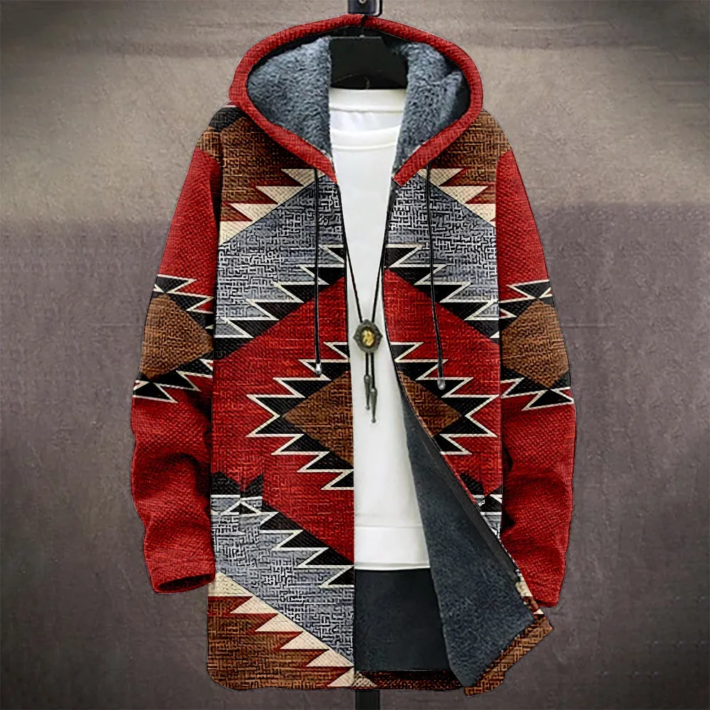 Men's 3D Printed Native Aztec Graphics Hooded Trench Coat Casual Fleece ...