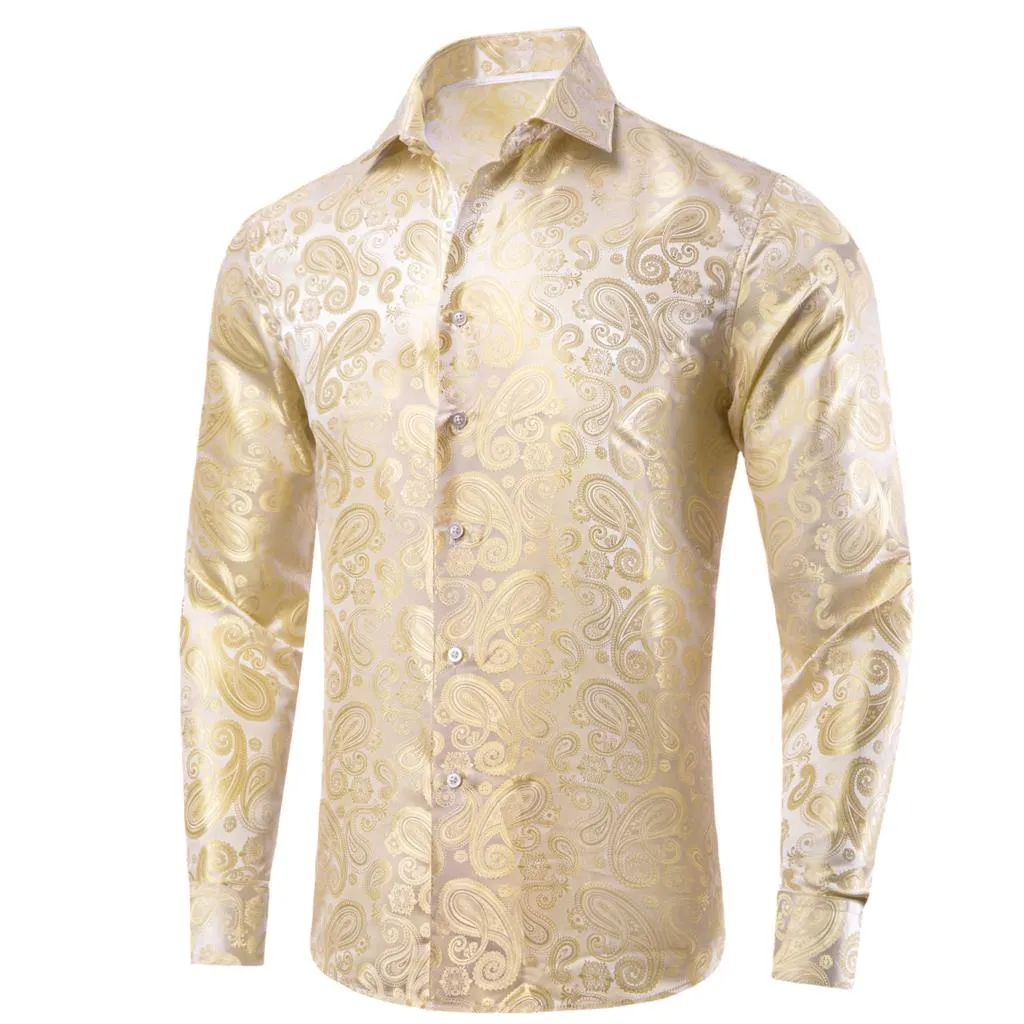 Men's Jacquard Jacquard blouse in Gold, Beige, Ivory, and Champagne Silk with Lapel and Long Sleeves - Perfect for Weddings, Business, or Proms