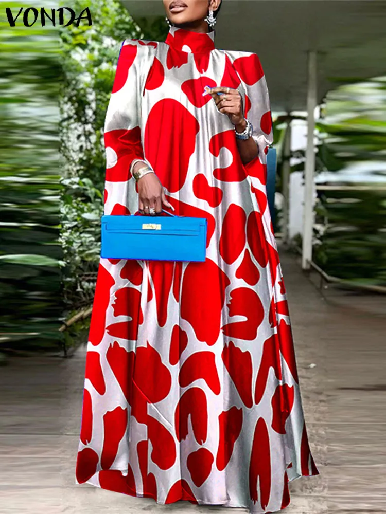 VONDA Women Printed Long Sleeve Maxi Dress Loose Fit Bohemian Batwing  Sleeve Floor-Length