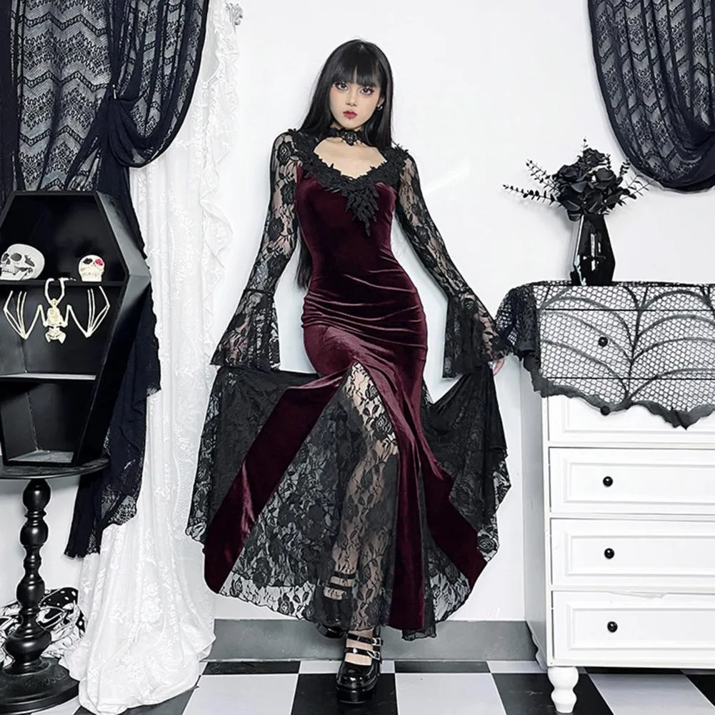 knee length dresses for ladies Black Witch Long Sleeves Ruffle Bowknot Stitching Lace Gothic Lolita L –  LolitaInside main image 0