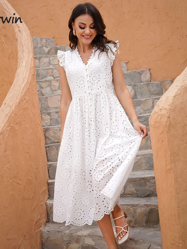 Marwin High-Waist Pure Cotton Holiday White Flowy Dress - Simple, Casual, and Hollow Out for A Chic Mid-Calf Look - Perfect for Summer - New Vestidos