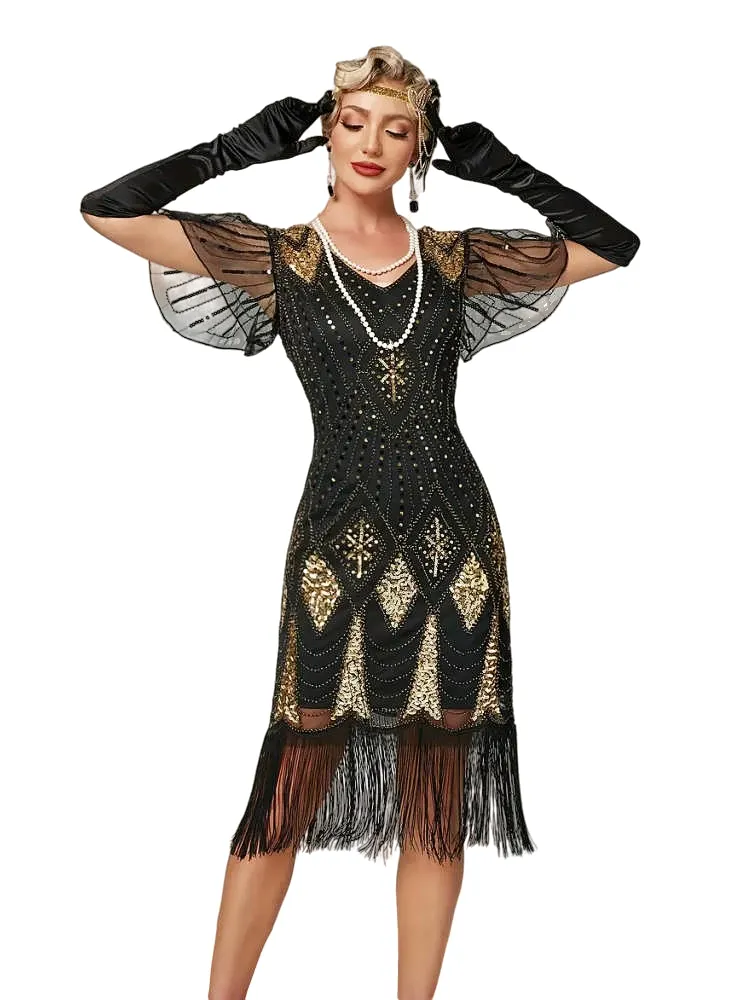 Great Gatsby Gatsby Flapper Costume Gatsby Costume Roaring Twenties Black  20s Dress Blue Sequin Gatsby Dress: Sexy V-Neck 1920s Flapper